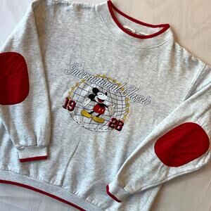 🐭 Vintage Mickey Mouse "Elbow Patch" Sweatshirt M Preppy Ringer Collegiate